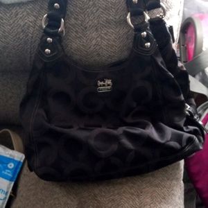COACH black signature logo sateen canvas and leather Maggie hobo bag purse